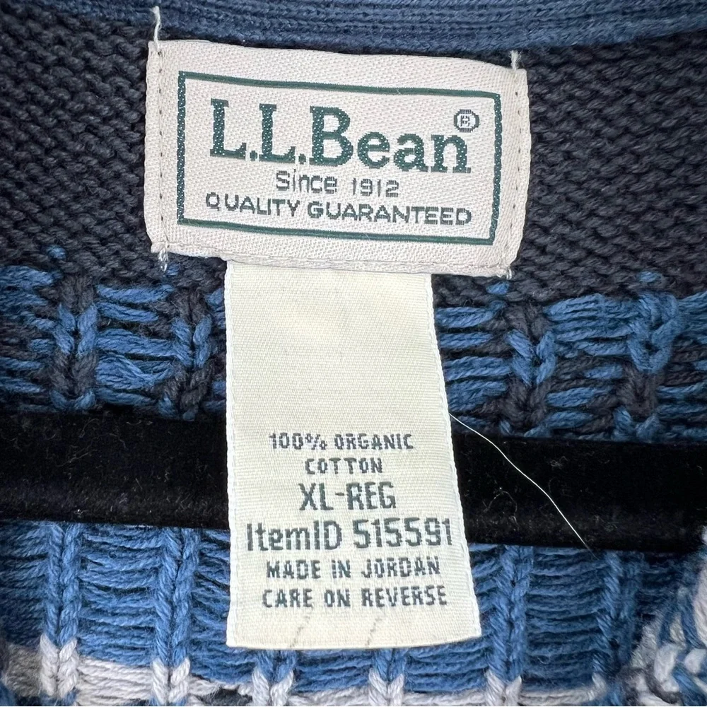 Vintage LL Bean Sweater Fair Isle Waffle 1/4 Zip Pullover Blue Cotton XL Y2K